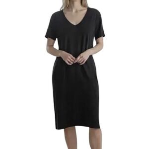 COTELAC Black V Neck Midi Sheath Dress Women's Sz Small Minimalist Career Pocket